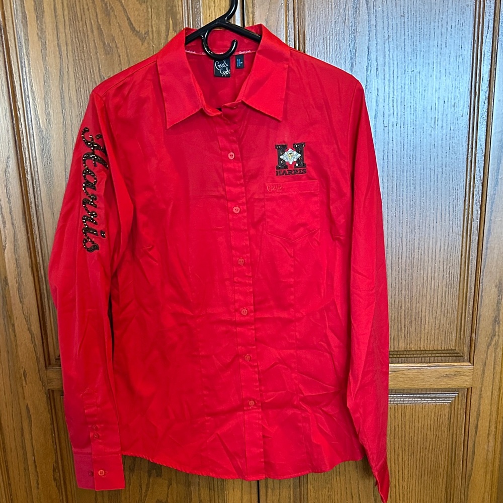 Harris Leather custom red horse show shirt